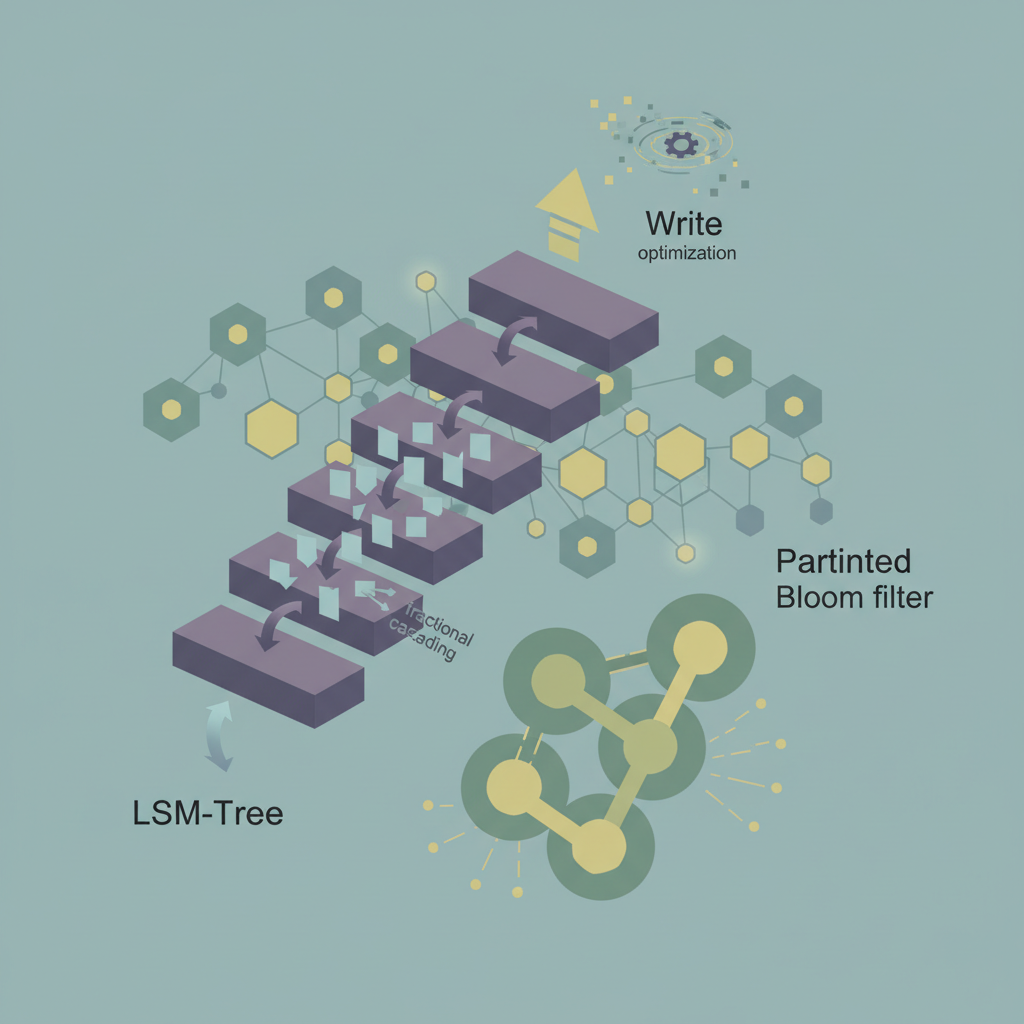 Illustration of an LSM‑tree with cascading merges and Bloom filter partitions.