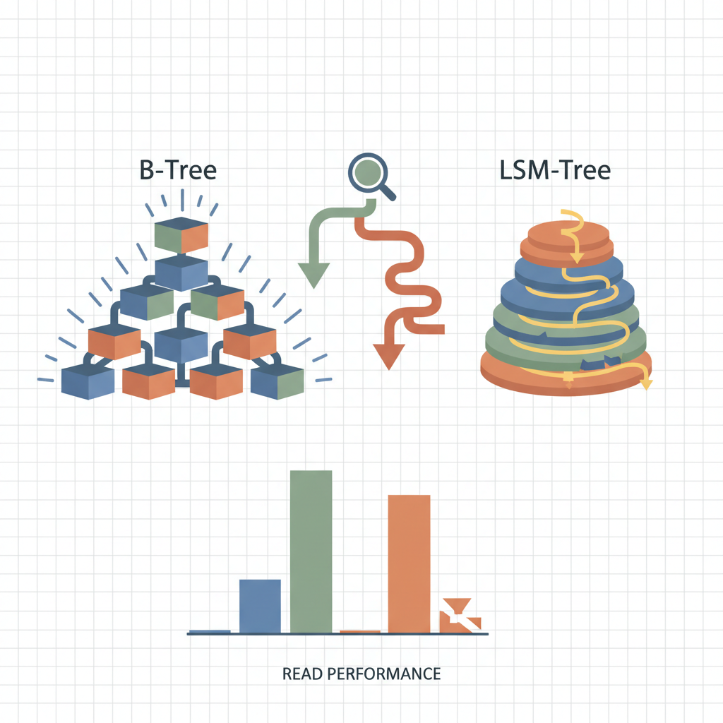 Illustration of a B‑tree node beside an LSM tree log segment.