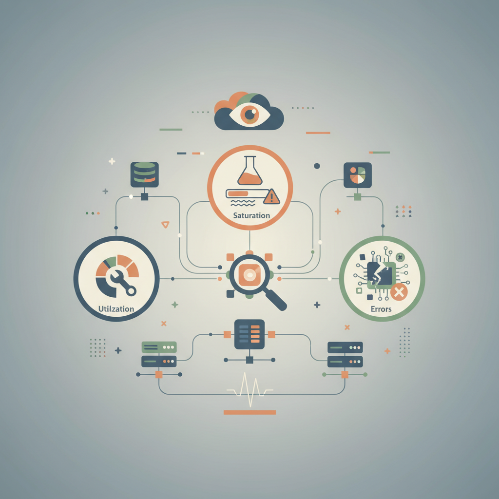 Diagram of system metrics overlaying a server rack.